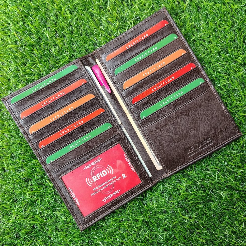Genuine Leather Slim Long Bifold Wallet, Checkbook Cover with RFID Blocking